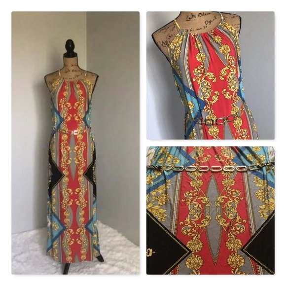 Roz & Ali Printed Maxi Dress with attached gold chain belt Sz 4 - Picture 2 of 15
